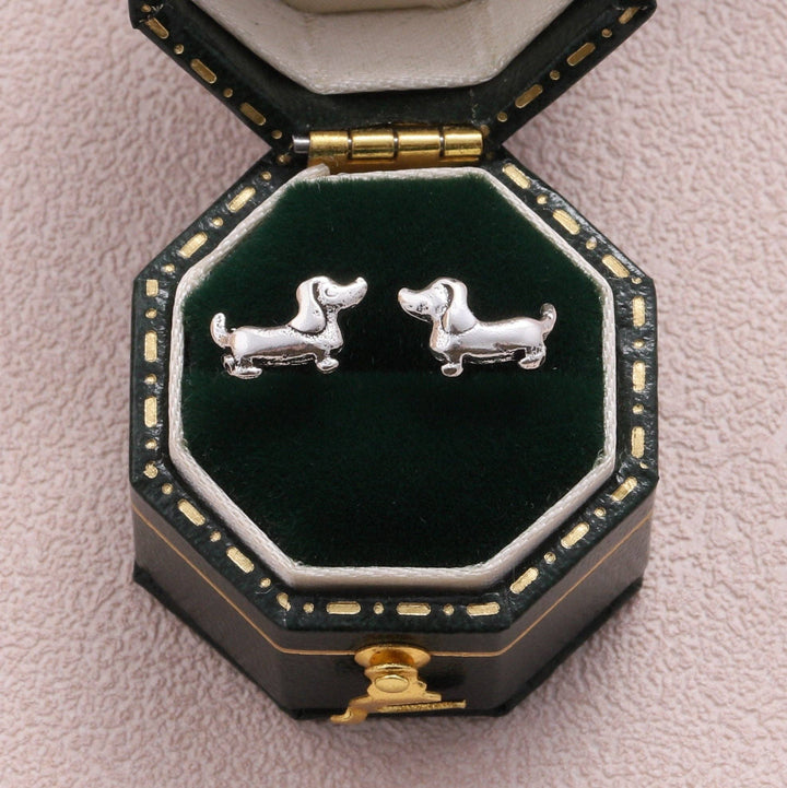 XT014 Dog walker Silver Sausage Dog Earrings