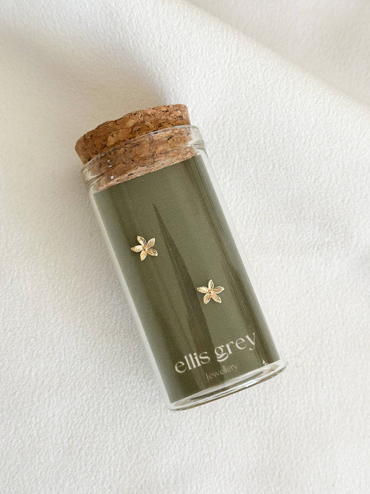 Glass Vial - 18k Gold Flower Stud Earrings