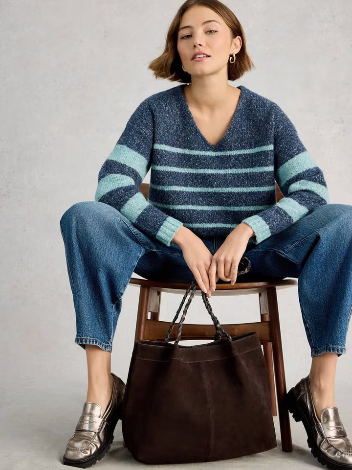 TAMARA STRIPE TEXTURED V NECK BLUE MLT