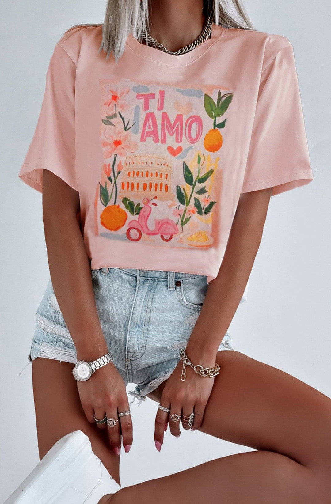 TI AMO GRAPHIC PRINT T-SHIRT DUSTY PINK (ONE SIZE UK 8/14)