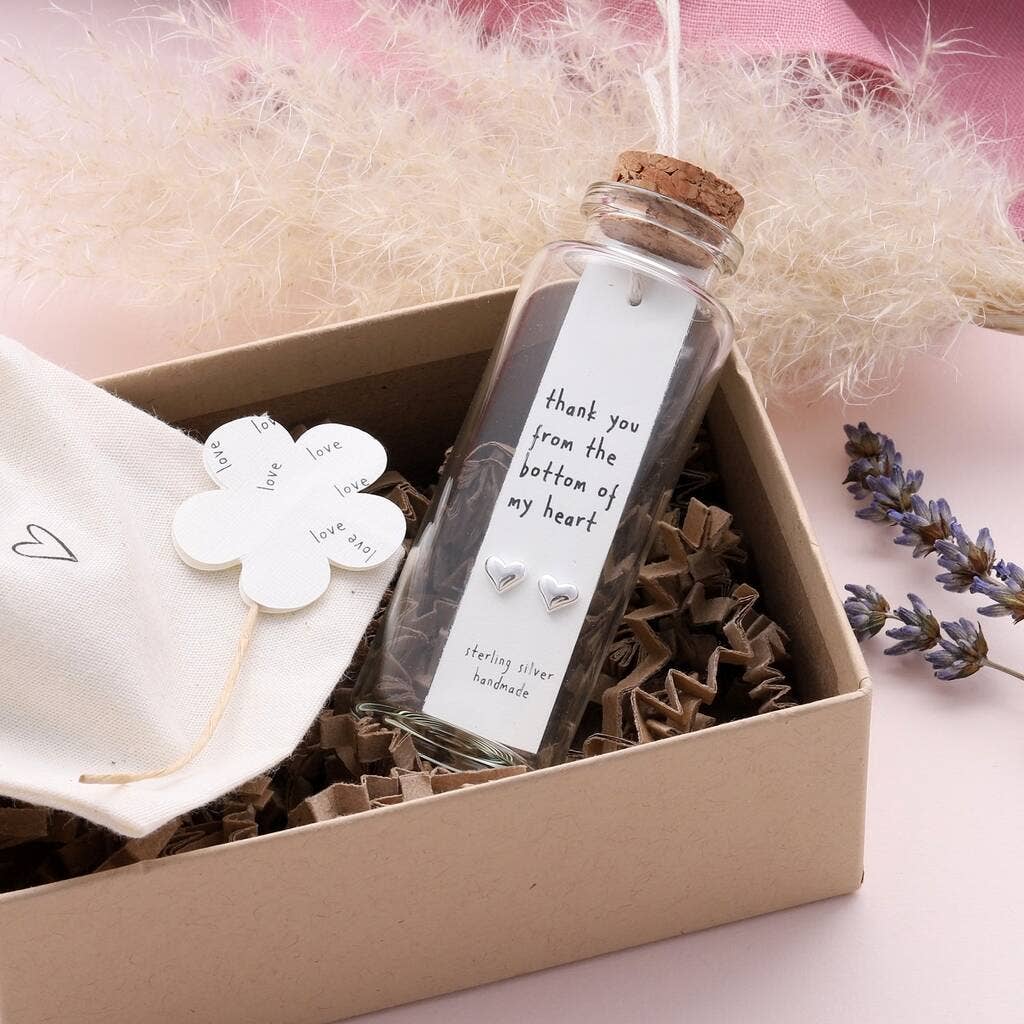 BT024 Earrings In A Message Bottle 'Thank You Heart': Silver