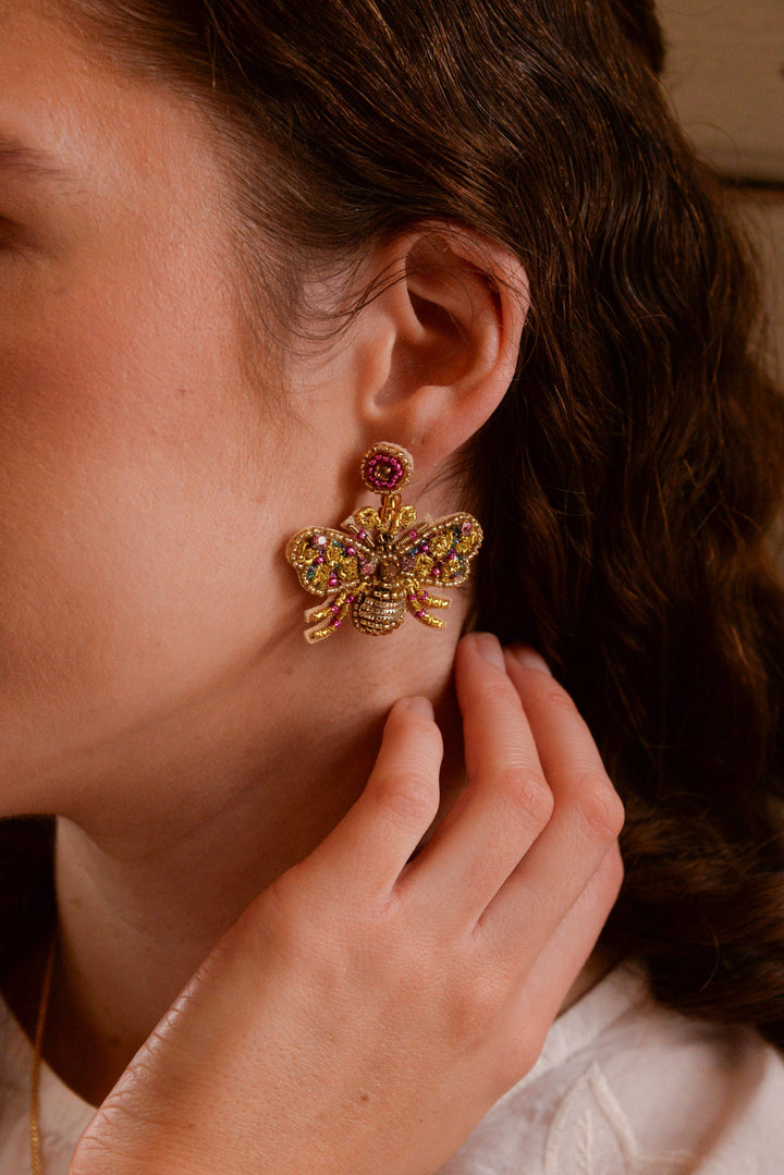 GOLD AND PINK BEE EARRINGS