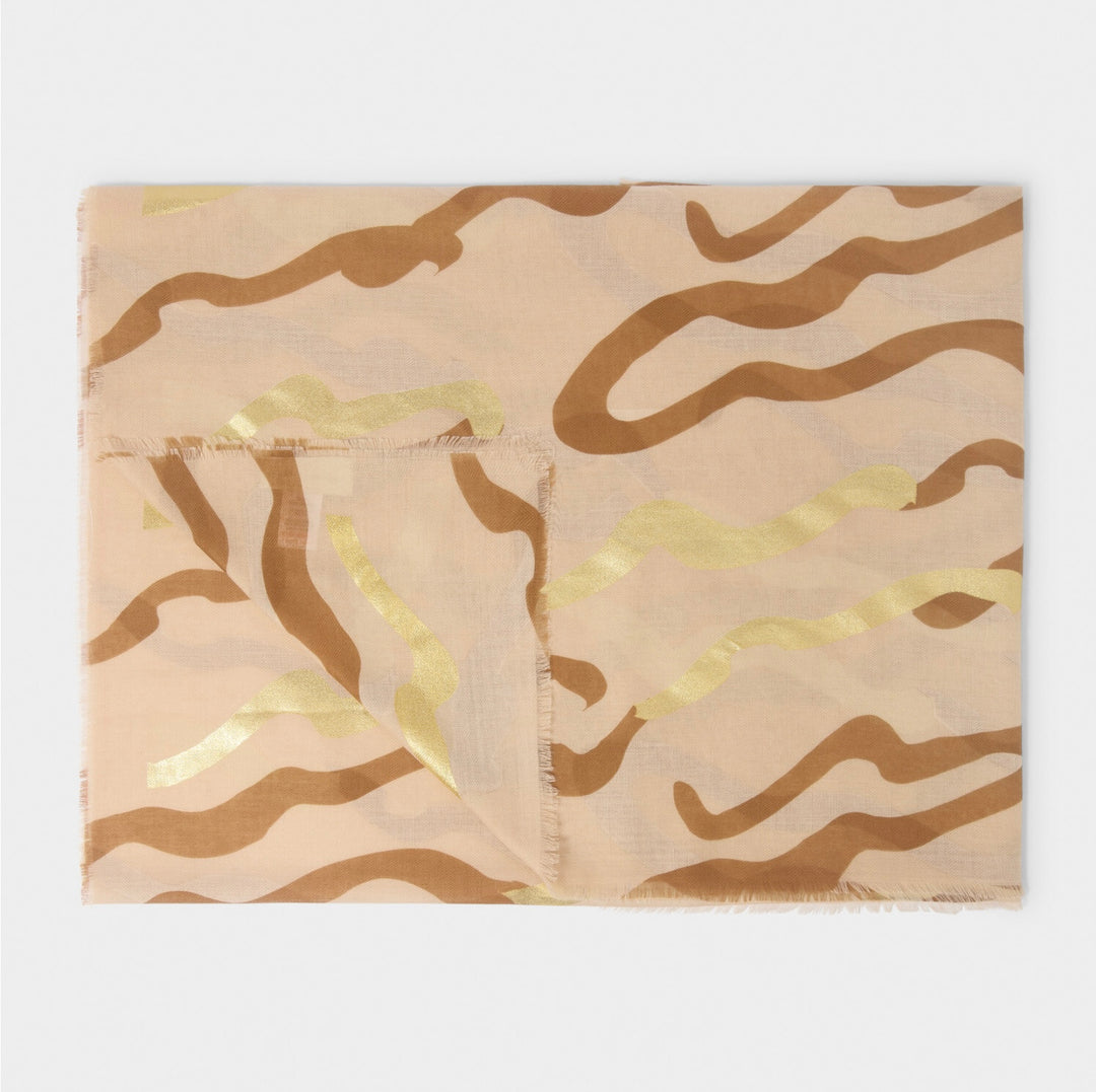 ABSTRACT WAVE PRINTED FOIL SCARF IN NUDE PINK, COGNAC AND GOLD