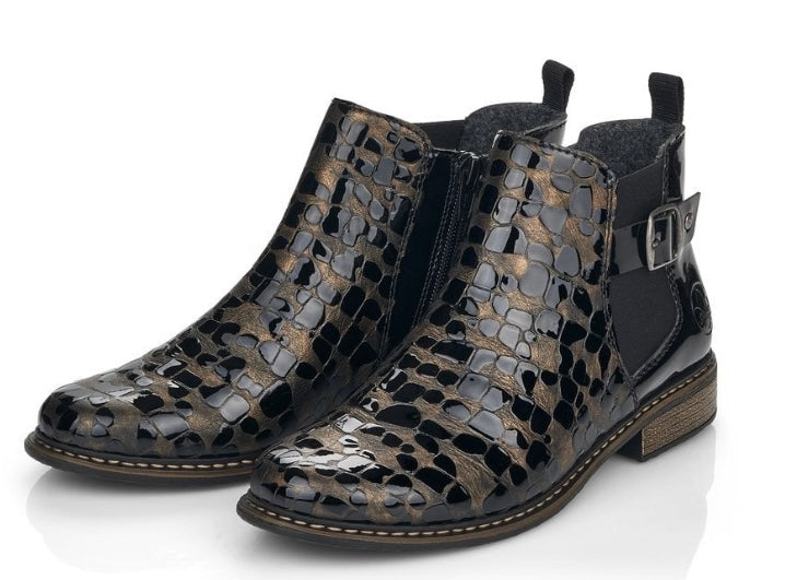 BLACK & BRONZE CROC PATENT LEATHER CHELSEA BOOT