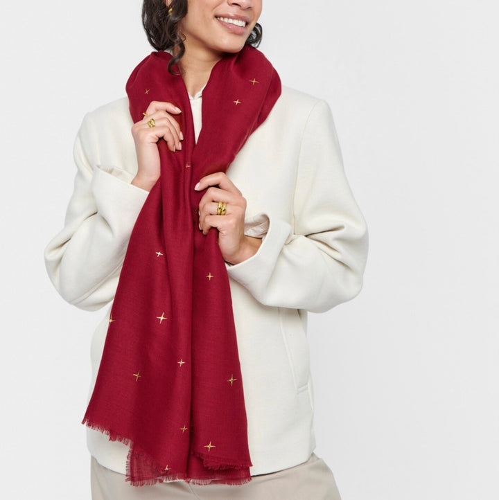 STAR SKY PRINTED FOIL SCARF IN GARNET RED AND GOLD