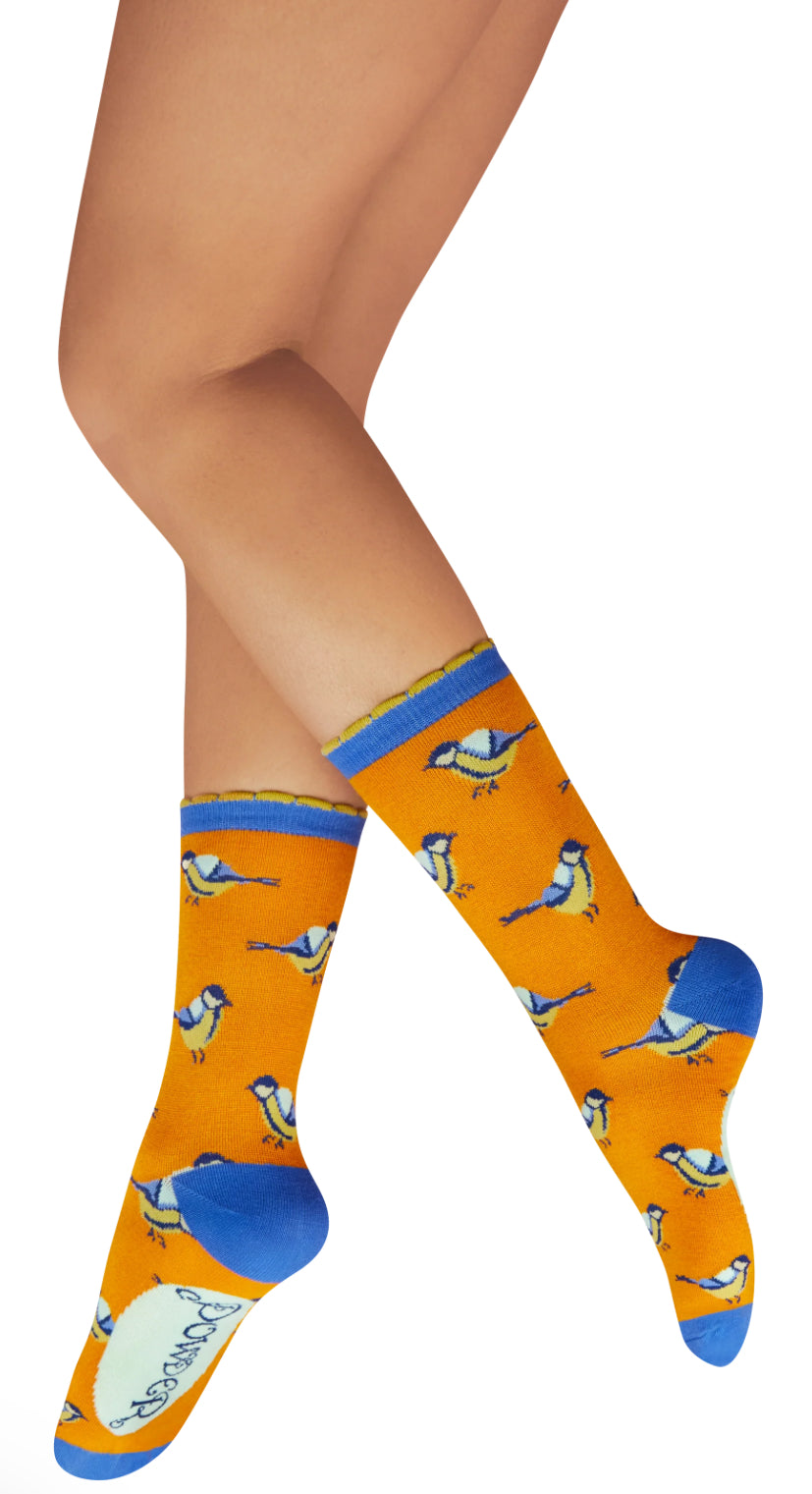 ANKLE SOCK BLUE TIT DESIGN ORANGE