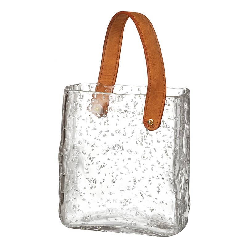 CLEAR GLASS BAG WITH BROWN HANDLE