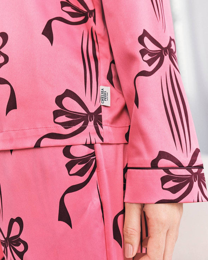 Satin Bow Print Long Pyjama Set: UK 6