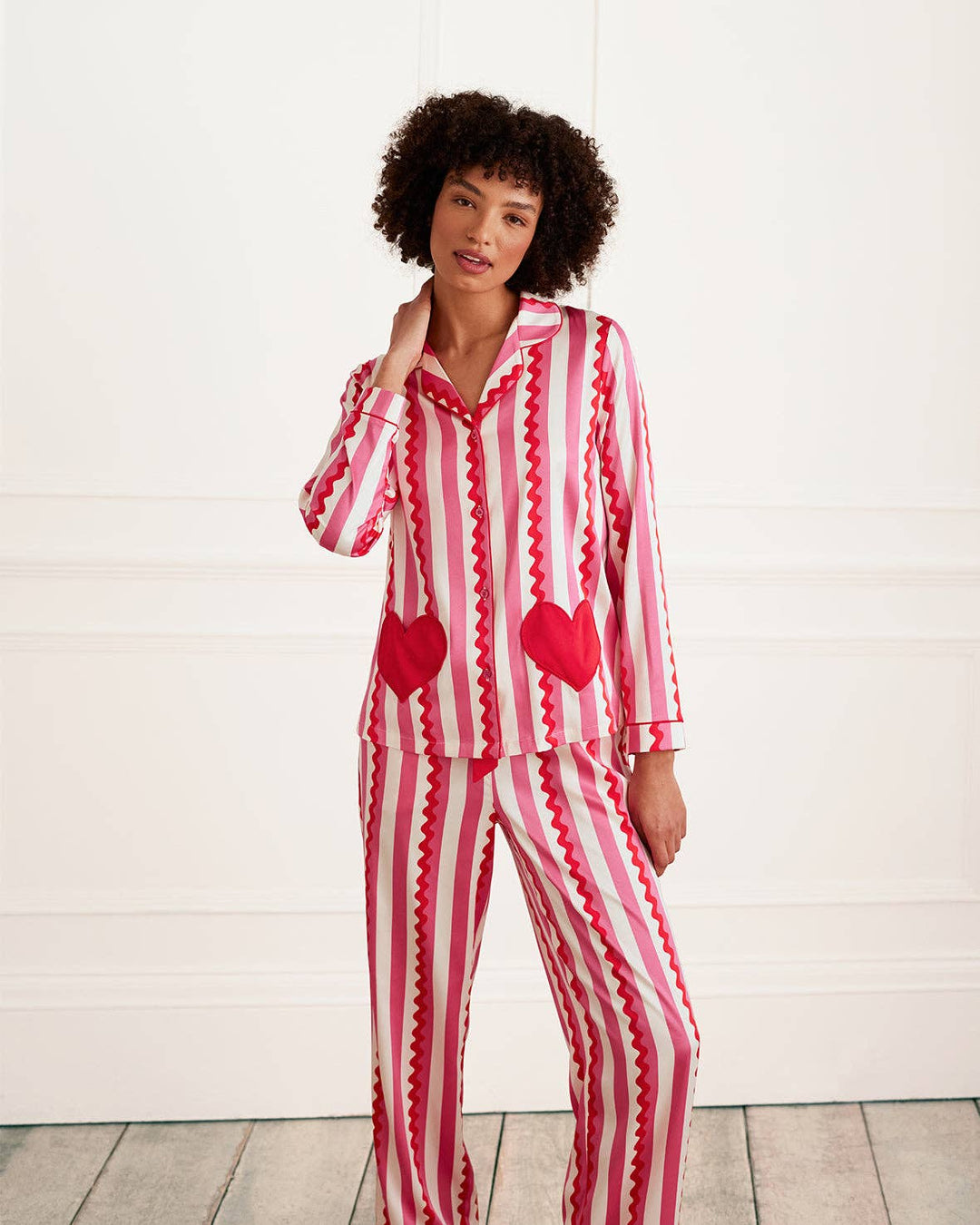 Satin Heart Pocket Striped Long Pyjama Set: Pink / UK 6
