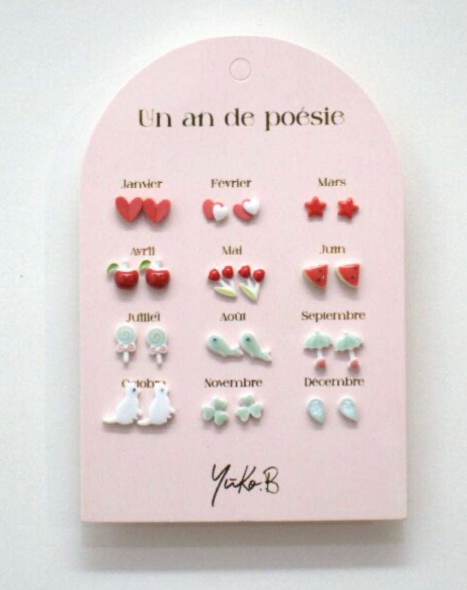 SET OF 12 PAIRS OF NICKEL-FREE CERAMIC EARRINGS - A YEAR OF POETRY RED