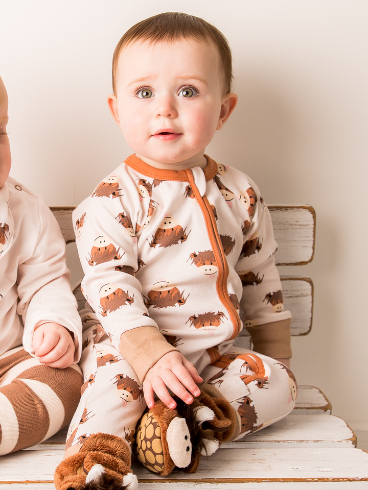Neutral Hamish Highland Cow Zip-Up Romper: 0-3 Months