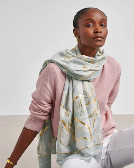 PRINTED FOIL SCARF | GOLDEN FLORAL LINE | GREEN MIST  / OFF WHITE / GOLD FOIL