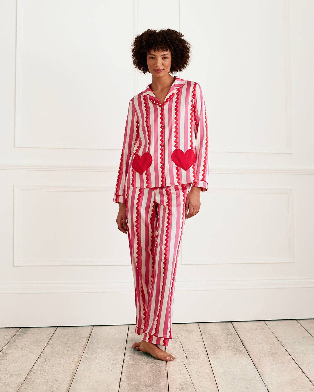 Satin Heart Pocket Striped Long Pyjama Set: Pink / UK 8