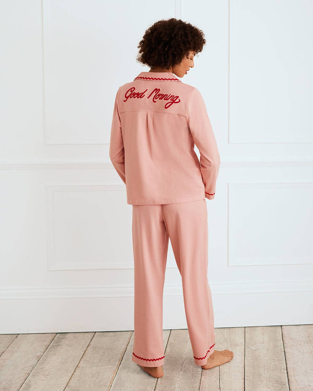 Organic Cotton Embroidered Back Good Morning Long Pyjama Set: Pink / UK 8