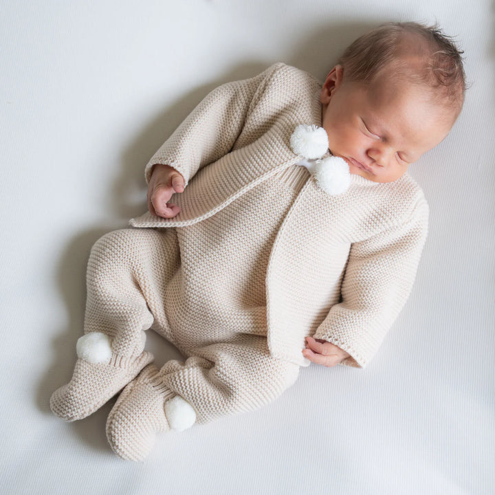 KNITTED POM POM TOP & TROUSER TAUPE 0-3 MONTHS