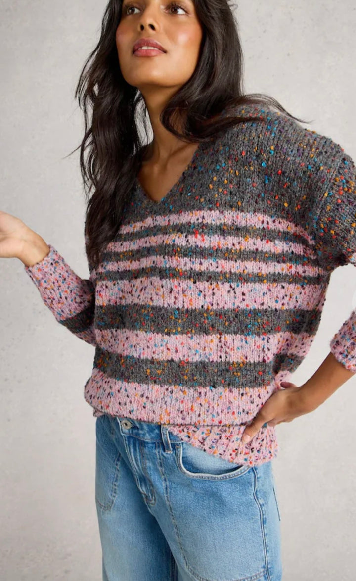 GREY MULTI PINK STRIPE TEXTURED V NECK JUMPER