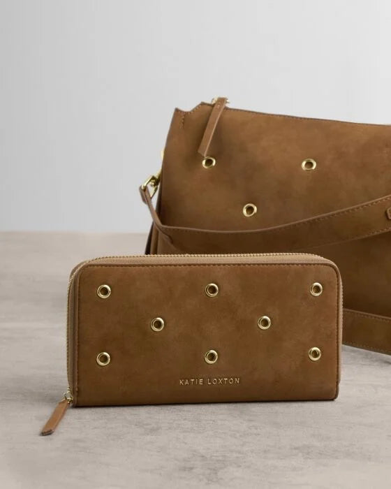 LARGE PURSE | CARAMEL SUEDETTE WITH EYELETS