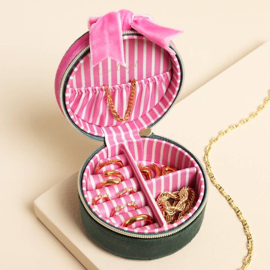 Green and Pink Velvet Bow Mini Round Jewellery Case