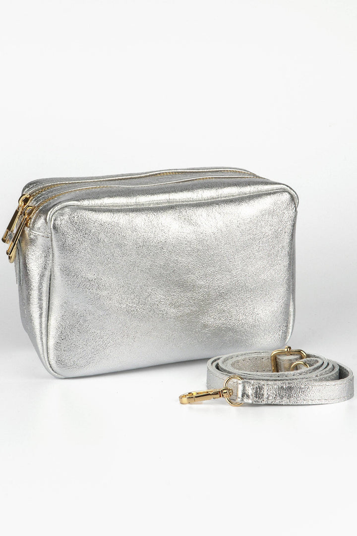 Naomi - Italian Leather Crossbody Bag - Silver, Metallic: One-size