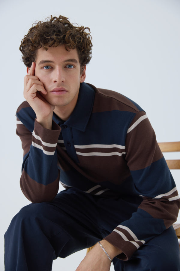 Men's Long Rugby Sweatshirt Brown & Navy
