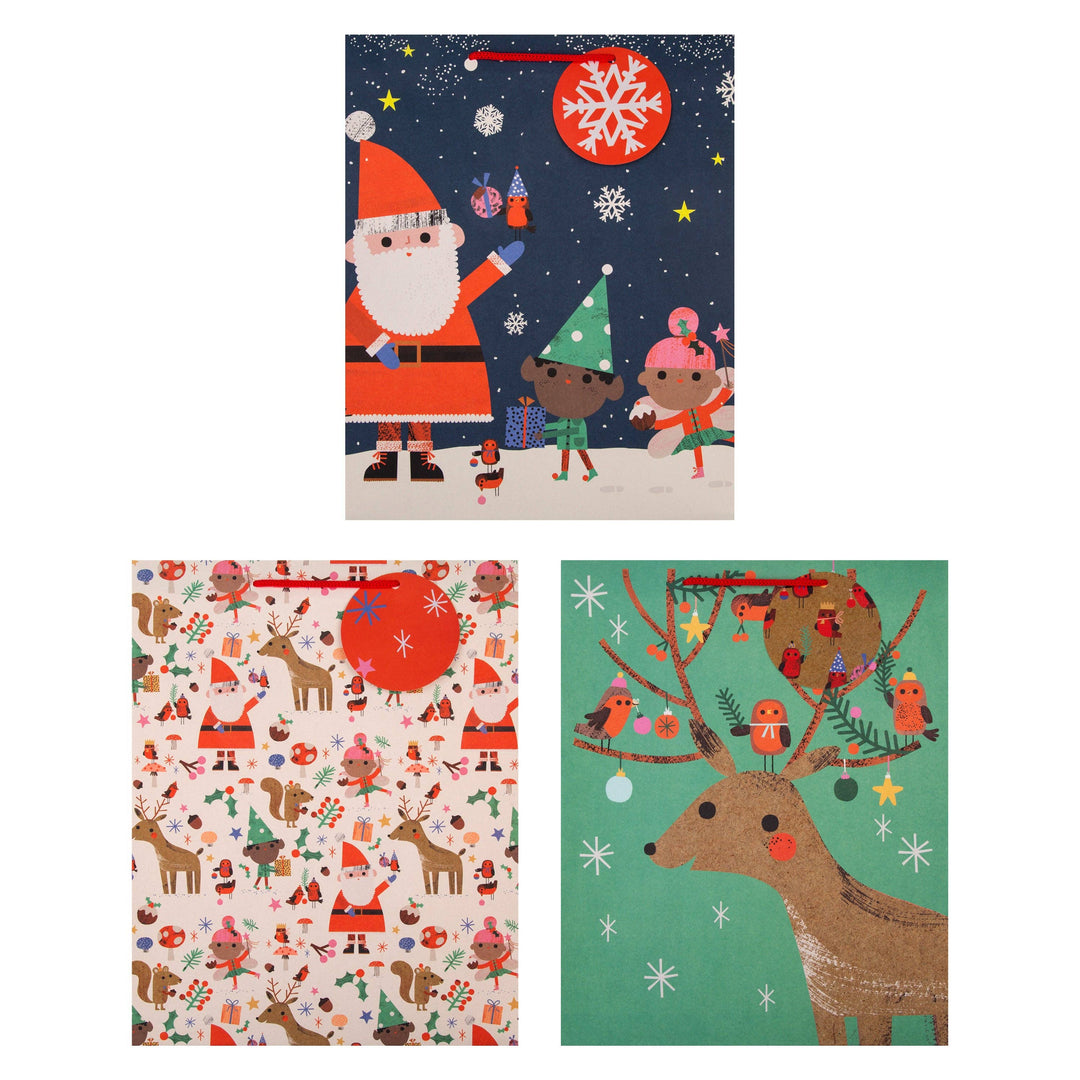 Christmas Gift Bags Pack of 3 in 3 Festive Santa & Reindeer