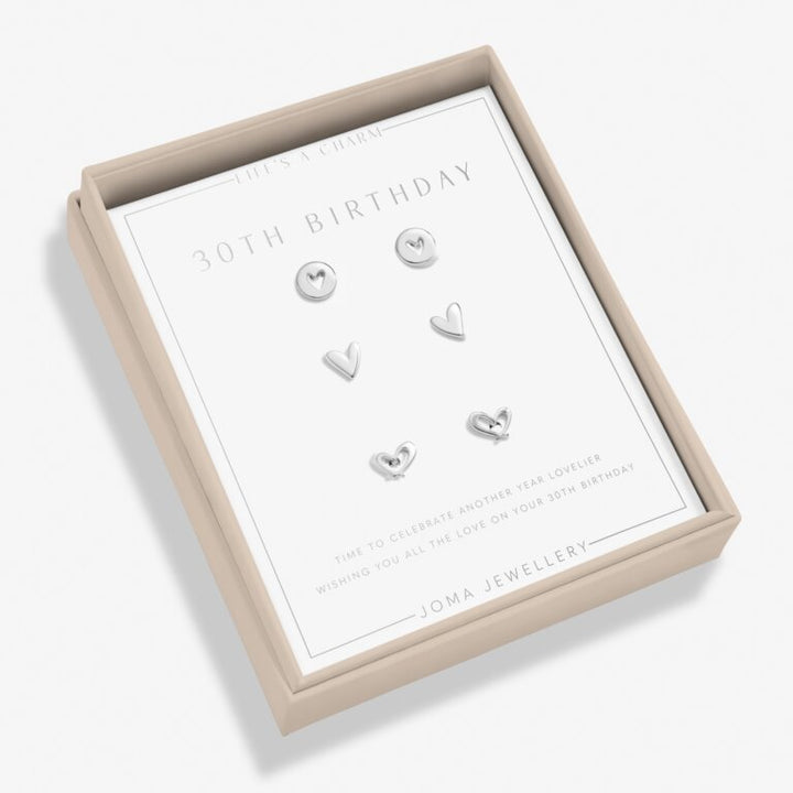 LIFES A CHARM 30TH BIRTHDAY SILVER PLATED EARRINGS 3 PAIRS