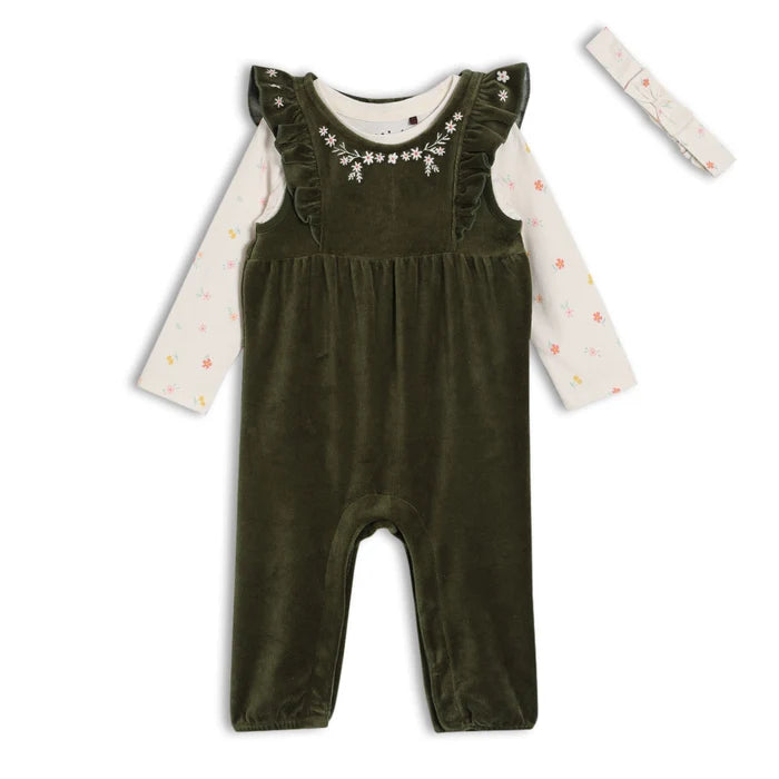 Baby girl floral embroidered dungaree 3pc set,green