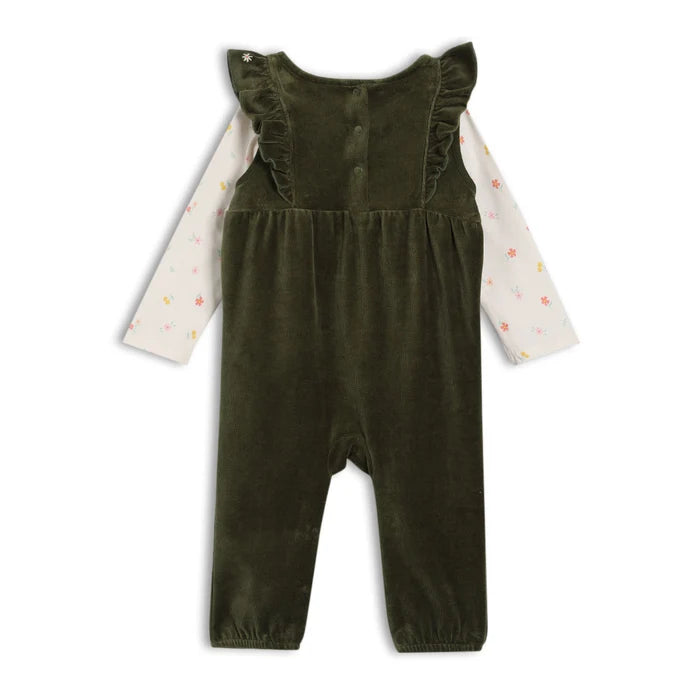 Baby girl floral embroidered dungaree 3pc set,green
