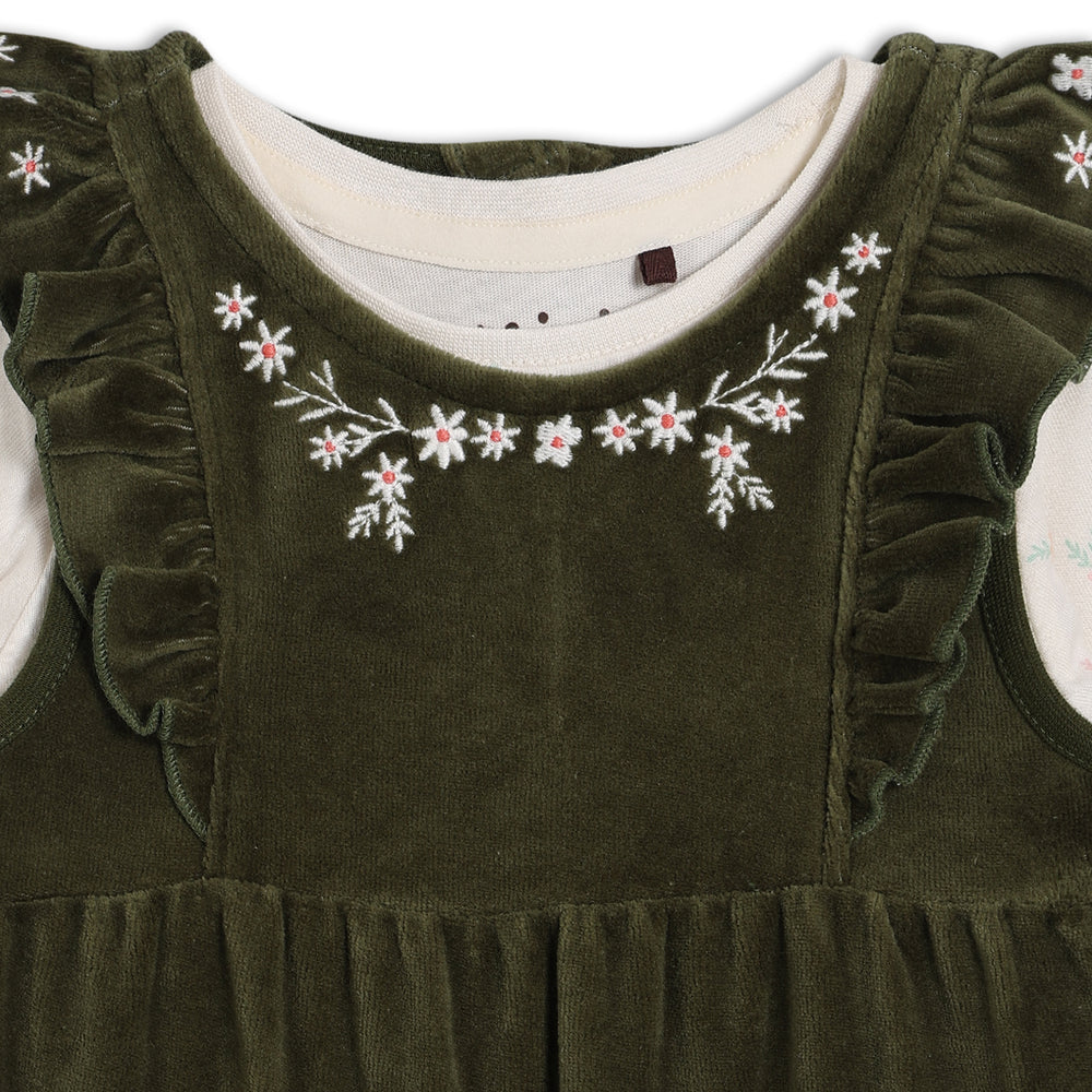 Baby Girls Floral Embroidered Dungaree 3pc Set