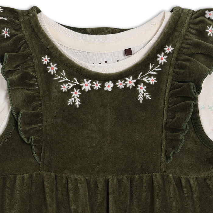 Baby girl floral embroidered dungaree 3pc set,green