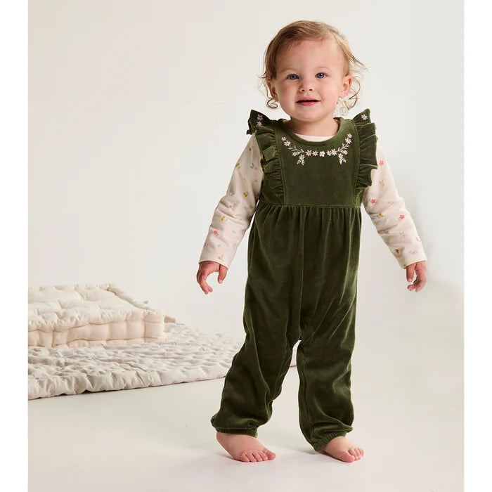 Baby girl floral embroidered dungaree 3pc set,green
