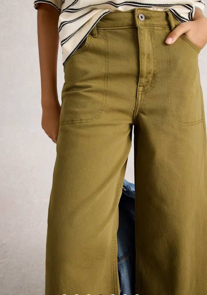 TIA WIDE LEG CROP JEAN KHAKI GREEN