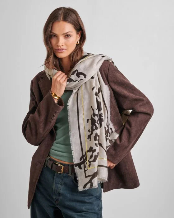 PRINTED FOIL SCARF ANIMAL LIGHT TAUPE OFF WHITE /CHOCOLATE/  GOLD FOIL