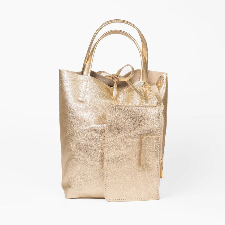 Verona Italian Leather Small Tote Bag - Gold, Metallic: One-size