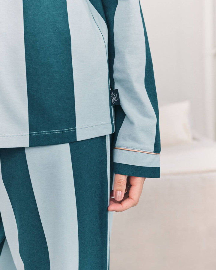Organic Cotton Stripe Long Pyjama Set - Blue: UK 12