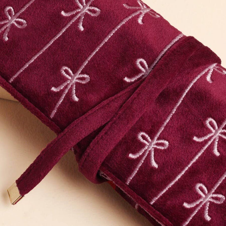 Burgundy Bow Embroidered Velvet Jewellery Roll