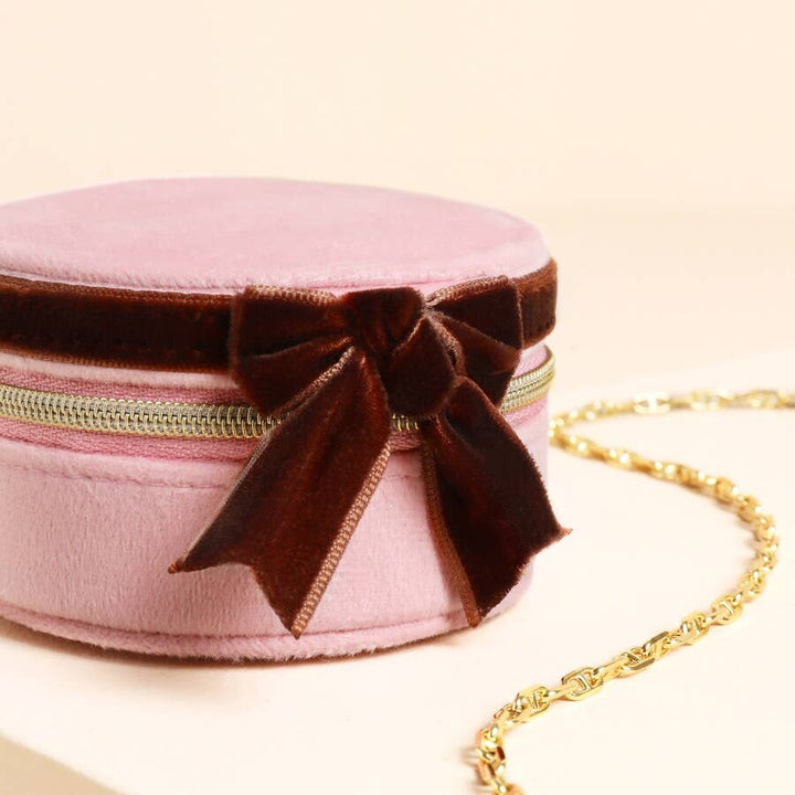 Pink and Burgundy Velvet Bow Mini Round Jewellery Case