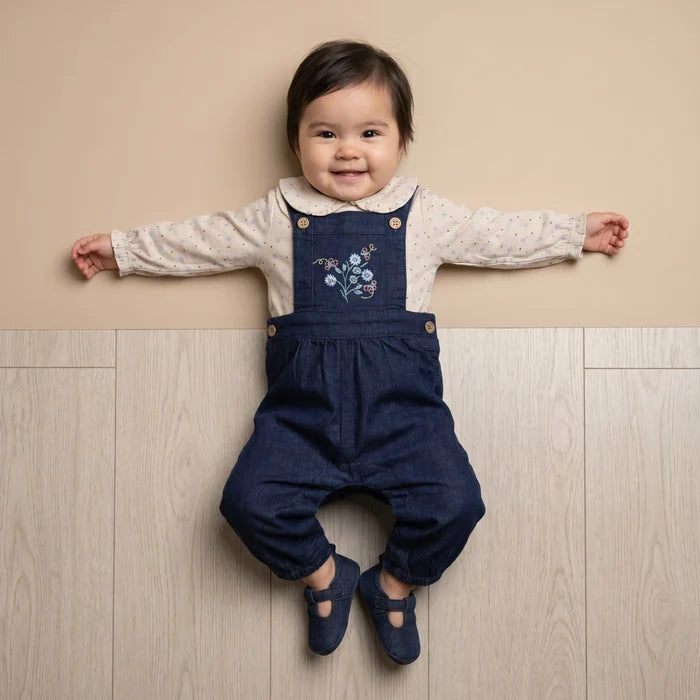 Baby girls Floral embroidered dungaree set,dark wash