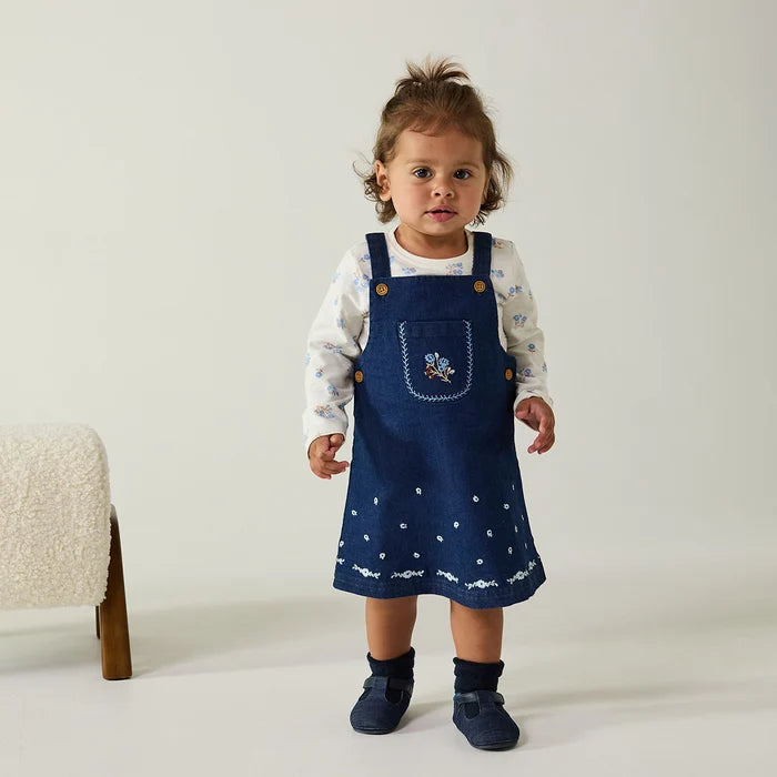 Baby girls Floral embroidered pinny set,dark wash