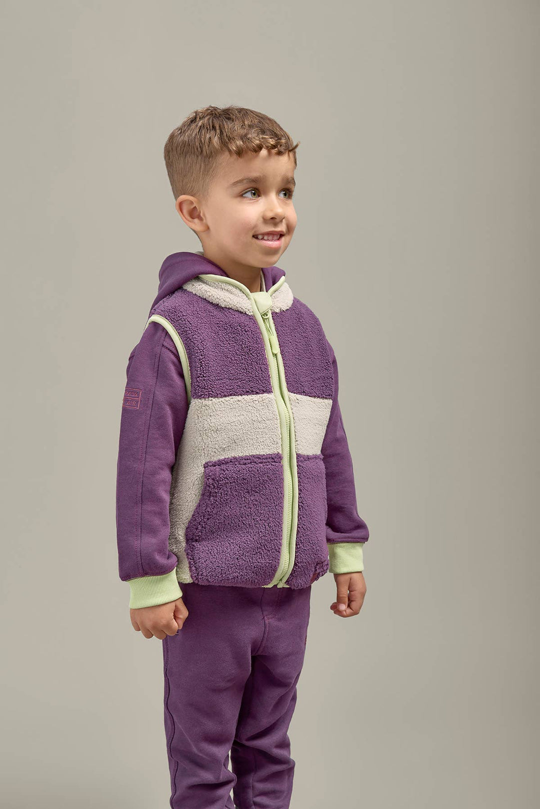 Amethyst Purple and Geothermal Grey Kids Borg Gilet: 3-4years