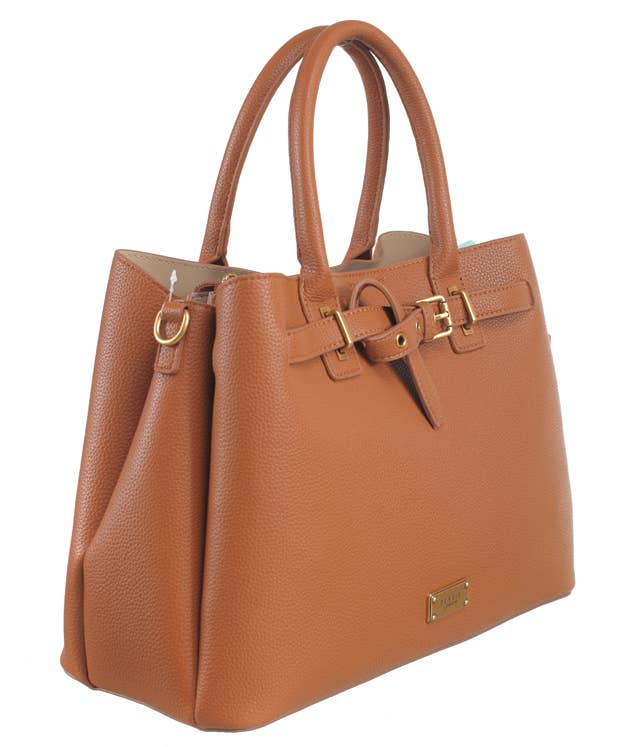 PEBBLED BELTED TOTE: TAUPE