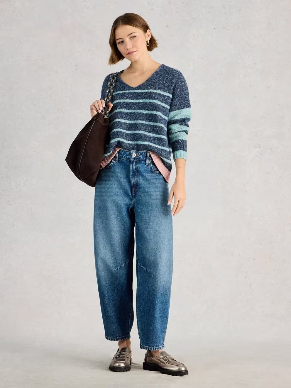 TAMARA STRIPE TEXTURED V NECK BLUE MLT