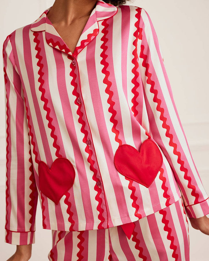 Satin Heart Pocket Striped Long Pyjama Set: Pink / UK 14