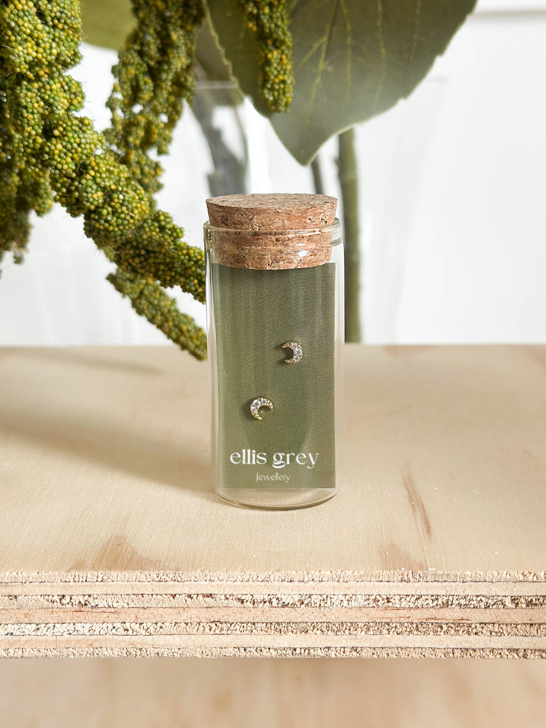 Glass Vial - 18k Gold CZ Crescent Moon Stud Earrings