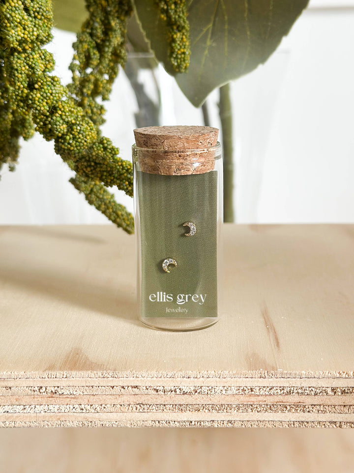 Glass Vial - 18k Gold CZ Crescent Moon Stud Earrings