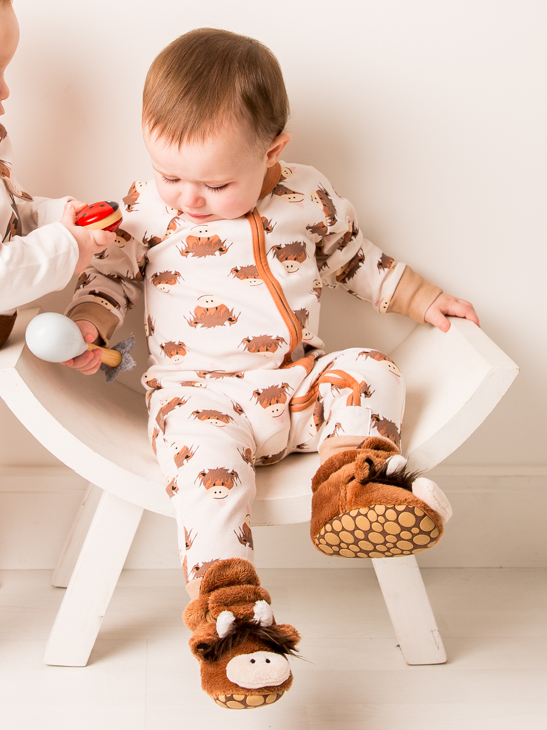 Neutral Hamish Highland Cow Zip-Up Romper: 3-6 Months