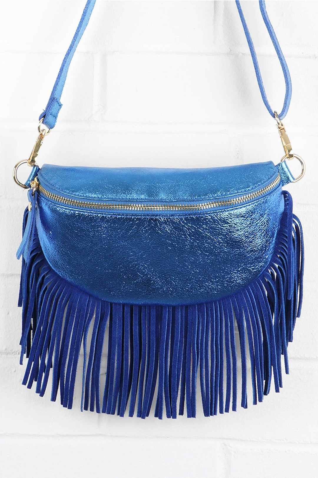 Italian Leather Half Moon Crossbody Bag - Blue, Metallic: One-size