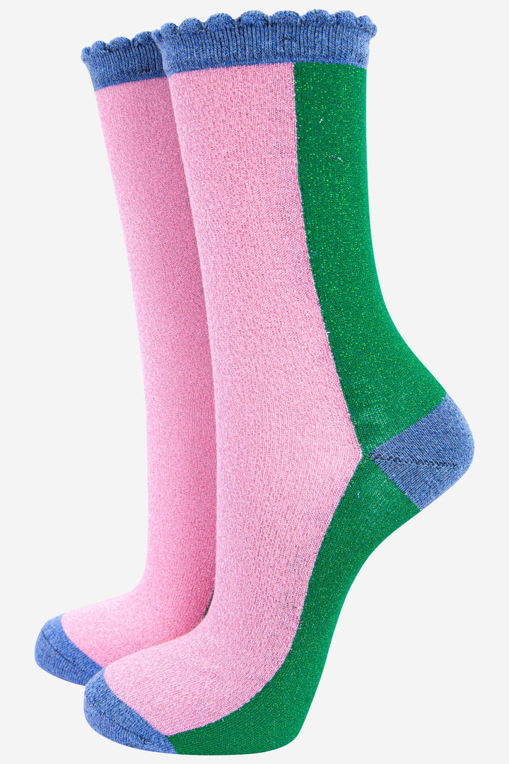 Women's Cotton Glitter Socks Colour Block in Green & Pink: UK 3-7 | EU 36-40