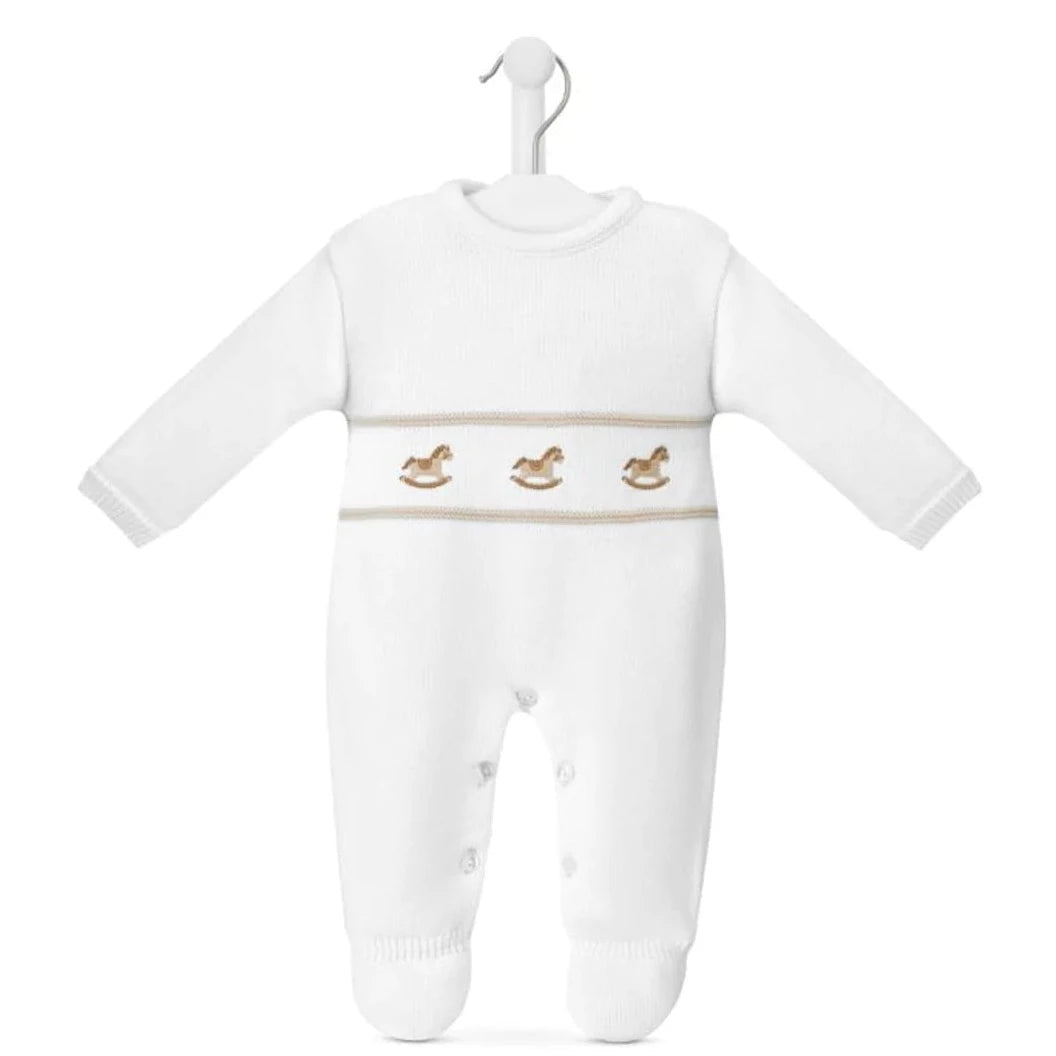 ROCKING HORSE KNITTED ONESIE WHITE 0-3 MONTHS