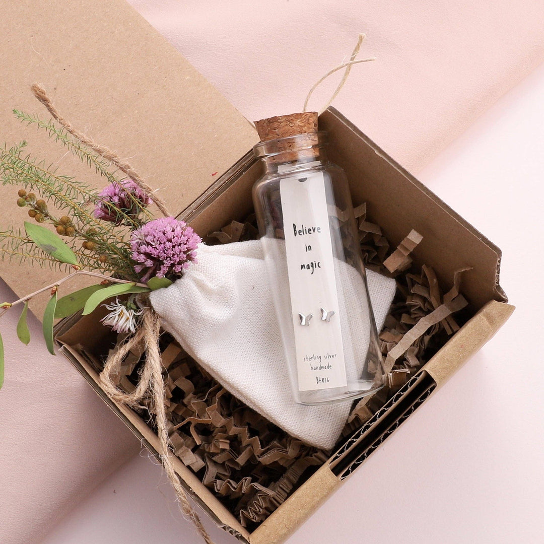 BT016 Earrings In A Message Bottle 'believe in magic': Silver